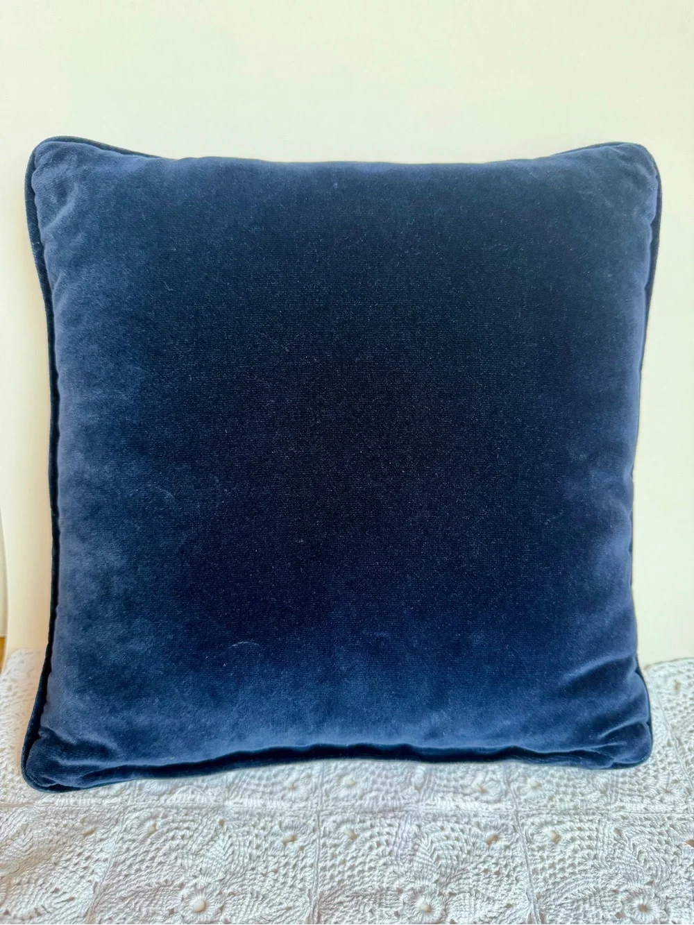 Hand Hooked Monogram C Accent Throw Pillow Navy Cream Wool Velvet Back